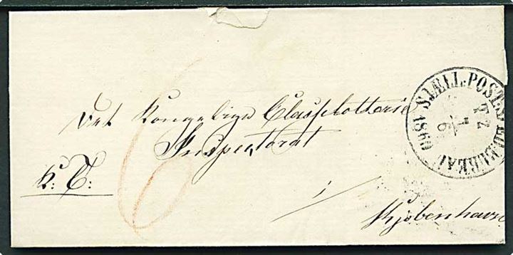 1860. Ufrankeret tjenestebrev med antiqua Sjæll:Post:Sped:Bureau d. 7.6.1860 til Kjøbenhavn. Påskrevet 6 sk. porto.