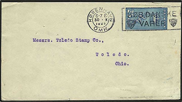 25+5 øre Kræftmærke single på brev fra København d. 30.10.1929 til Toledo, USA.
