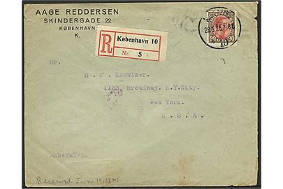 90 øre Chr. X single på anbefalet brev fra Kjøbenhavn d. 28.5.1925 til New York, USA.