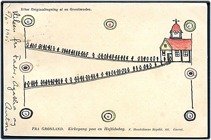 Efter originalstegning af en Grønlænder: Kirkegang paa en Højtidsdag. F. Henriksens Repdkt. Atl. u/no. Stemplet: Dansk Koloniudstilling * Tivoli 1905 *.