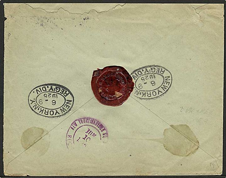 90 øre Chr. X single på anbefalet brev fra Kjøbenhavn d. 28.5.1925 til New York, USA.