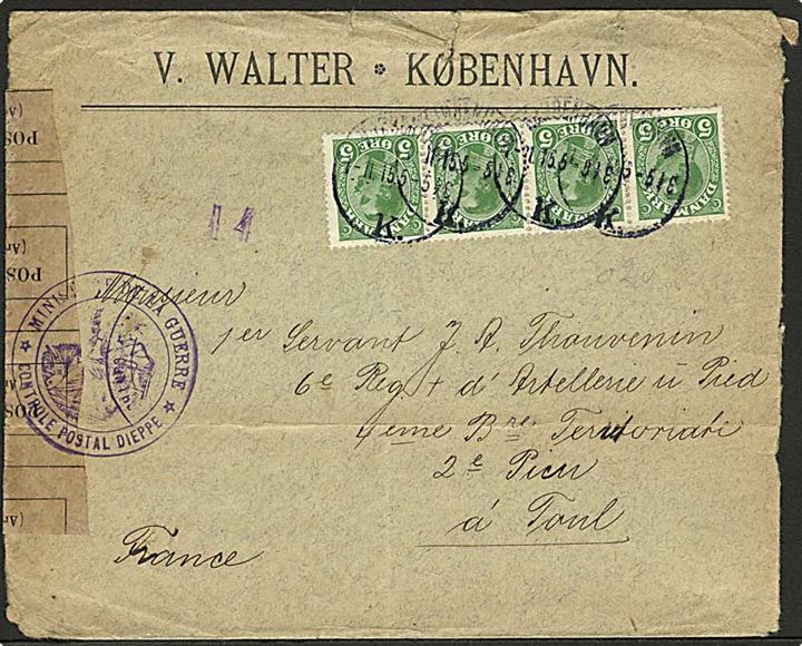5 øre Chr. X (4) på brev fra Kjøbenhavn d. 1.11.1915 til fransk soldat i Toul, Frankrig. Åbnet af fransk censur i Dieppe.
