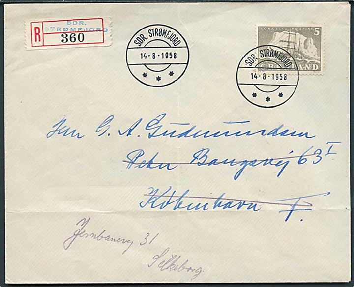 5 kr. Ishavsskib single på anbefalet FDC fra Sdr. Strømfjord d. 14.8.1958 til København - eftersendt til Silkeborg. AFA: 850,-.