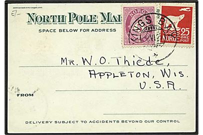 5 øre Posthorn og 25 øre Svalbard på North Pole Mail kort stemplet Kings Bay d. 8.6.1925 til Appleton, USA. På bagsiden frankeret med amerikansk 2 c. Washington stemplet Appleton d. 16.4.1924.