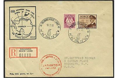 5 øre Posthorn og 80 øre Postjubilæum på anbefalet ekspeditionsbrev stemplet Dronning Maud Land d. 10.2.1951 til Brooklyn, USA.