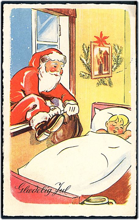 Poul Lorentz Madsen. Glædelig Jul. Julemanden iført rød kåbe, på vej ind igennem vinduet. S. P. I., serie 25. 