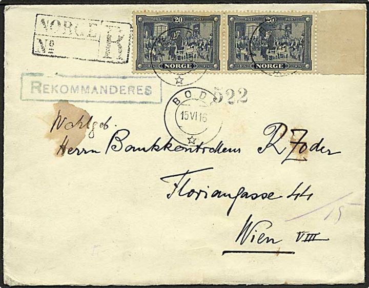 20 øre Eidsvoll mindet i parstykke på anbefalet brev fra Bodø d. 15.6.1916 til Wien, Østrig.