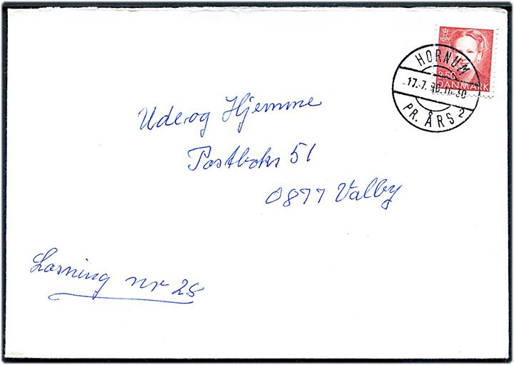 3,50 kr. Margrethe på brev annulleret med pr.-stempel Hornum pr. Års sn2 d. 17.7.1990 til Valby.