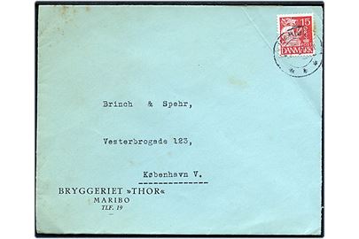 15 øre Karavel på firmakuvert fra Bryggeriet Thor i Maribo d. 8.7.1938 til København.