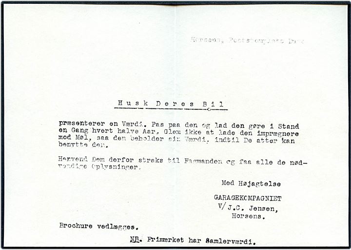 10 øre Vitus Bering på illustreret lokalt FDC i Horsens d. 27.11.1941. På bagsiden reklamepåtryk fra Garagekompagniet og indeholder reklamebrev med bemærkning: NB. Frimærket har Samlerværdi.