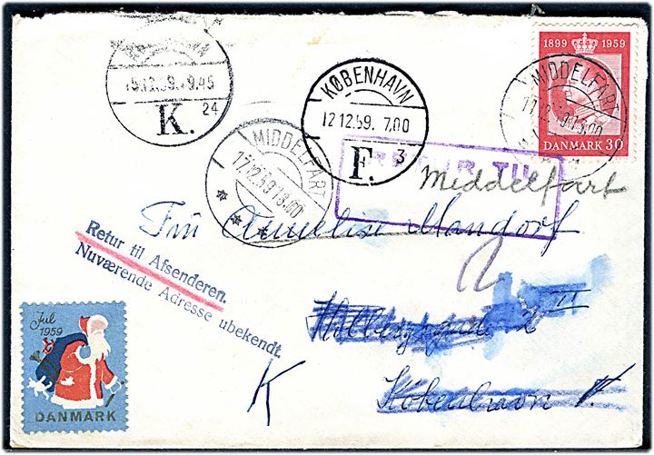 30 øre Fr. IX 60 år på brev med Julemærke fra Middelfart d. 11.12.1959 til København. Retur med flere stempler da modtager er flyttet.