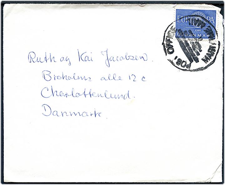 60 øre CEPT udg. på skibsbrev med indhold skrevet ombord på M/S Kronprins Frederik annulleret med britisk skibsstempel Post Office Maritime Mail ca. 1960 til Charlottenlund, Danmark.