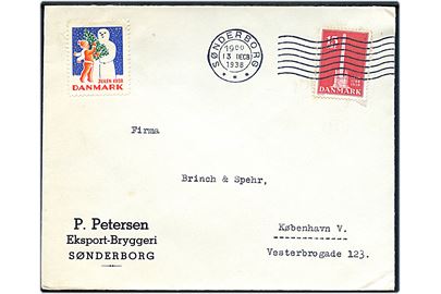 15 øre Stavnsbåndet på firmakuvert fra P. Petersen Eksport-Bryggeri i Sønderborg d. 13.12.1938 til København.