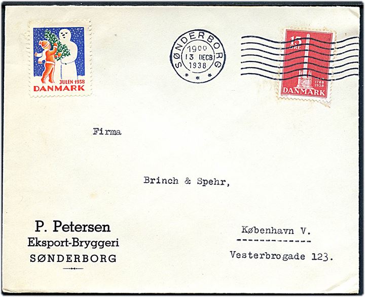 15 øre Stavnsbåndet på firmakuvert fra P. Petersen Eksport-Bryggeri i Sønderborg d. 13.12.1938 til København.