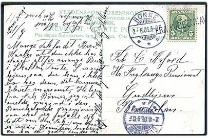 5 øre Chr. IX på brevkort annulleret med skibsstempel Fra Kjøbenhavn og sidestemplet Rønne d. 2.8.1906 til Gudhjem, Bornholm.