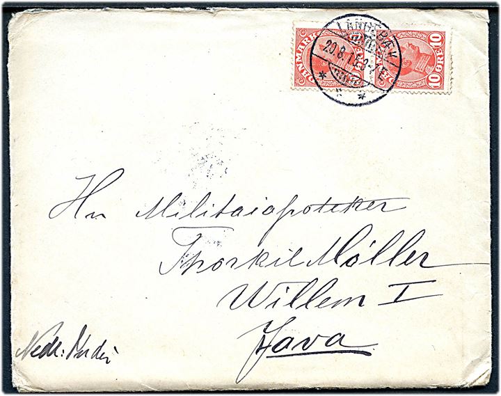 10 øre Chr. X i parstykke på brev fra Langebæk d. 20.8.1915 til dansk militærapoteker Thorkil Møller i Willem I, Java, Hollandsk Ostindien.