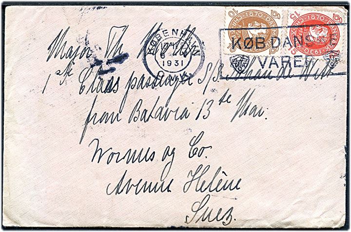 10 øre og 15 øre Chr. X 60 år på brev fra København d. 6.5.1931 til passager ombord på S/S Johan de Witt i Suez, Egypten.