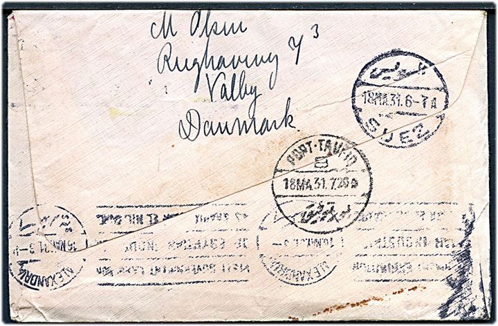 10 øre og 15 øre Chr. X 60 år på brev fra København d. 6.5.1931 til passager ombord på S/S Johan de Witt i Suez, Egypten.