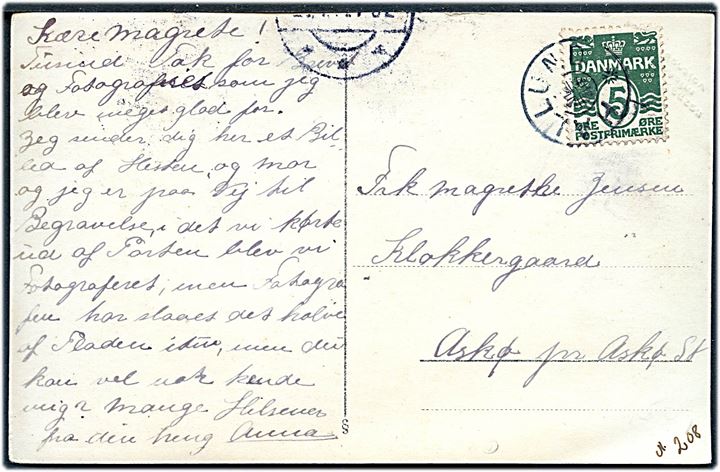 5 øre Bølgelinie på brevkort annulleret med stjernestempel HALLUND og yderligt placeret sidestempel (Brønderslev?) ca. 1912 til Askø.