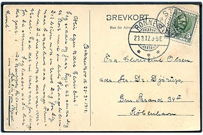 5 øre Fr. VIII på brevkort annulleret med stjernestempel STRAUNSTRUP og sidestemplet Rønnede d. 23.3.1912 til København.