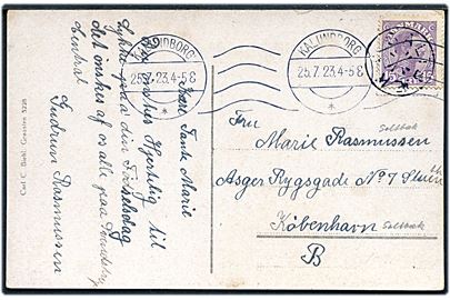 15 øre Chr. X på brevkort annulleret med stjernestempel SALTBÆK og sidestemplet Kalundborg d. 25.7.1923 til København.