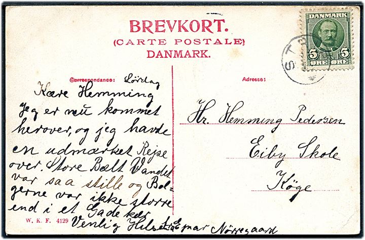 5 øre Fr. VIII på brevkort (Strib Færgegaard) annulleret med stjernestempel STRIB til Eiby Skole pr. Køge.