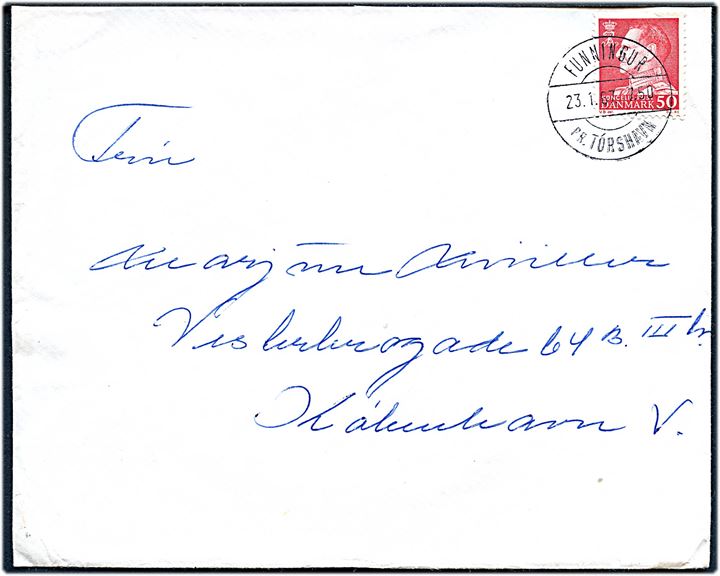 50 øre Fr. IX på brev annulleret med pr.stempel Funningur pr. Tórshavn d. 23.1.1967 til København.