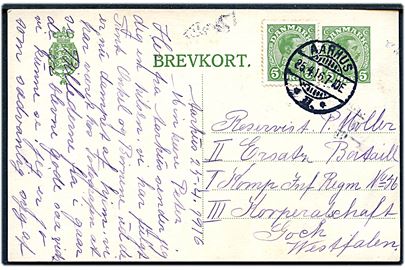 5 øre Chr. X helsagsbrevkort opfrankeret med 5 øre Chr. X fra Aarhus d. 25.4.1915 til sønderjysk soldat ved militæradresse i Tyskland.