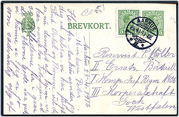 5 øre Chr. X helsagsbrevkort opfrankeret med 5 øre Chr. X fra Aarhus d. 25.4.1915 til sønderjysk soldat ved militæradresse i Tyskland.