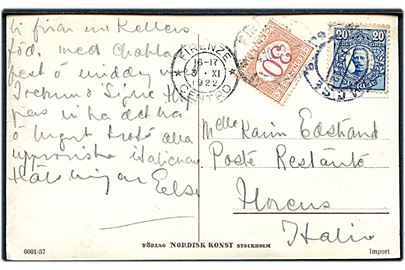 20 öre Gustaf på brevkort fra Stockholm d. 11.10.1922 til poste restante i Rom, Italien. Påsat italiensk 30 c. portomærke som poste restante gebyr.