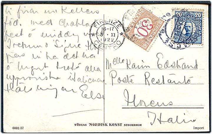 20 öre Gustaf på brevkort fra Stockholm d. 11.10.1922 til poste restante i Rom, Italien. Påsat italiensk 30 c. portomærke som poste restante gebyr.