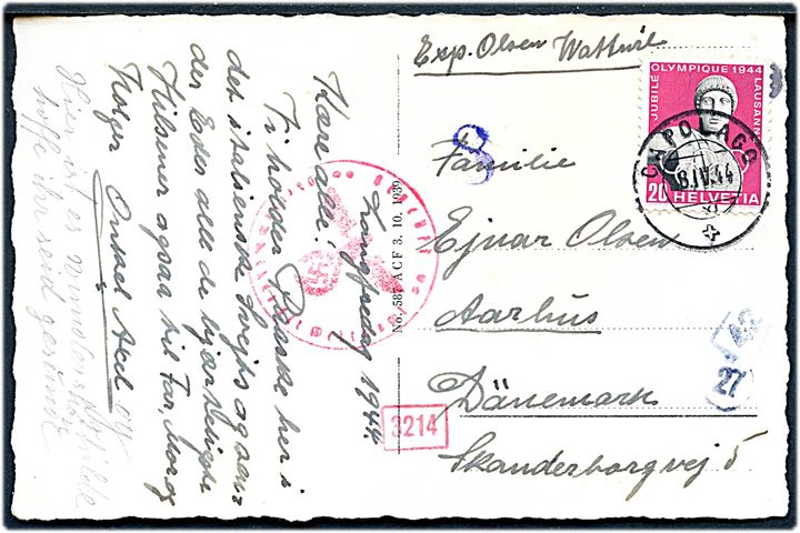 20 c. 50 år for genoptagelse af de olympiske lege på brevkort fra Capolago d. 8.4.1944 til aarhus, Danmark. Tysk censur.