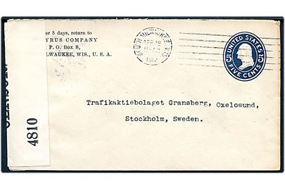 5 cents helsagskuvert fra South Milwaukee d. 19.4.1917 til Stockholm, Sverige. Åbnet af britisk censur no. 4810.