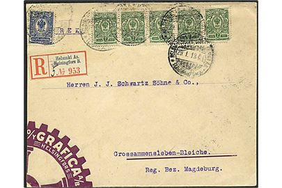 Russisk 2 kop. (5) og 10 kop. Våben på illustreret anbefalet brev fra Helisngfors d. 29.1.1913 til Grossammensleben, Tyskland. 1 mærke med mgl. hjørnetak.