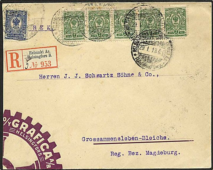 Russisk 2 kop. (5) og 10 kop. Våben på illustreret anbefalet brev fra Helisngfors d. 29.1.1913 til Grossammensleben, Tyskland. 1 mærke med mgl. hjørnetak.