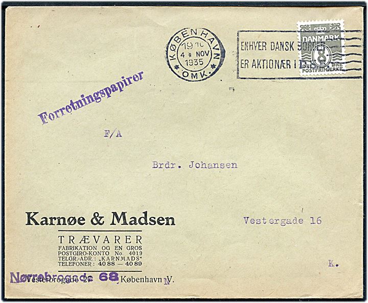 8 øre Bølgelinie single på lokal forretningspapirer i København d. 4.11.1935.