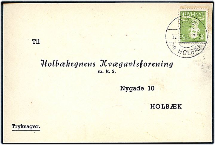 15 øre Chr. X på tryksagskort annulleret med pr.-stempel Orø pr. Holbæk d. 22.6.1949 til Holbæk.