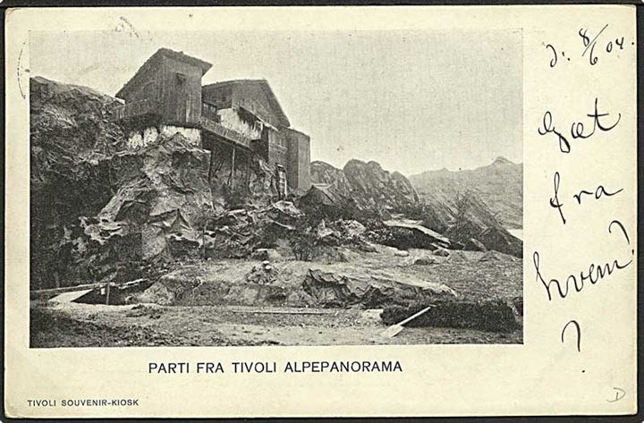 5 øre Våben på brevkort (Parti fra Tivoli Alpenpanorama) på lokalt brevkort i Kjøbenhavn d. 9.6.1904. Privat sidestempel: Tivoli Alpe-Panorama.