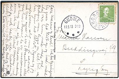 15 øre Chr. X på brevkort annulleret med udslebet stjernestempel LUNDEBORG og sidestemplet brotype IIIc Gudme d. 11.8.1943 til Lyngby.