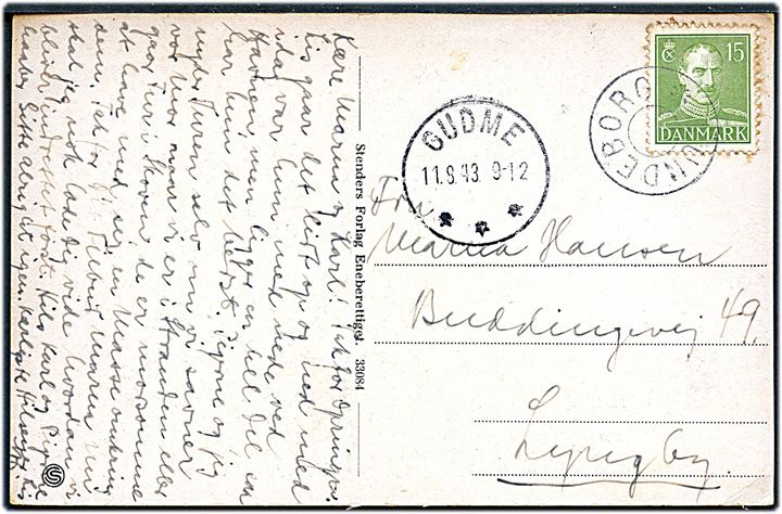 15 øre Chr. X på brevkort annulleret med udslebet stjernestempel LUNDEBORG og sidestemplet brotype IIIc Gudme d. 11.8.1943 til Lyngby.