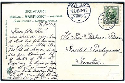 5 øre Fr. VIII på brevkort (Ryegaard Færgekro) annulleret med stjernestempel LYNDBY og sidestemplet Roekilde d. 16.7.1909 til Græsted.