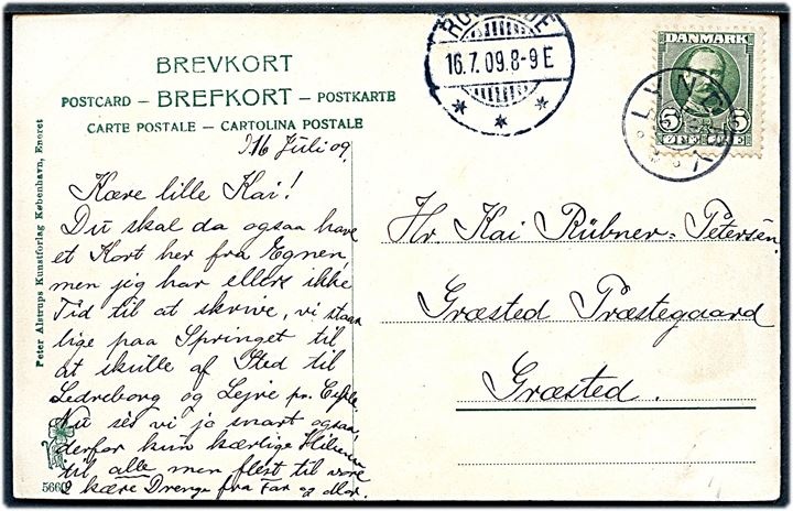 5 øre Fr. VIII på brevkort (Ryegaard Færgekro) annulleret med stjernestempel LYNDBY og sidestemplet Roekilde d. 16.7.1909 til Græsted.