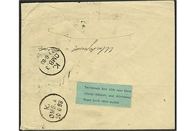 8 øre Tofarvet på brev fra Kjøbenhavn d. 28.6.1883 til Varde. Retur med grøn etiket: Nærværende Brev vilde være blevet udbragt tidligere, naar Adressatens Bopæl havde været angivet..