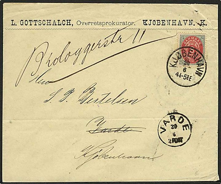 8 øre Tofarvet på brev fra Kjøbenhavn d. 28.6.1883 til Varde. Retur med grøn etiket: Nærværende Brev vilde være blevet udbragt tidligere, naar Adressatens Bopæl havde været angivet..