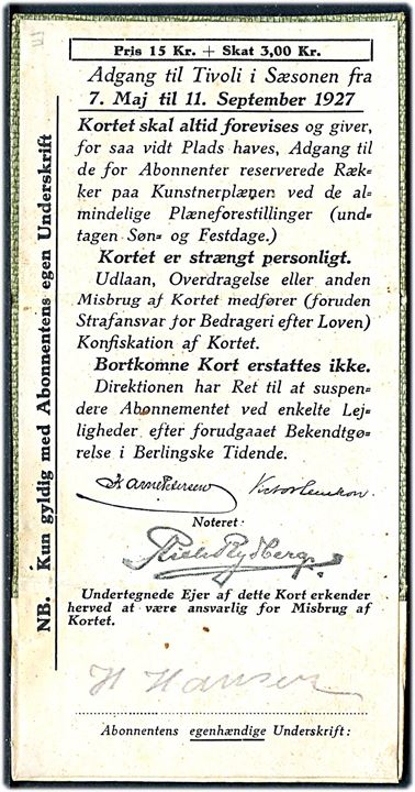 Tivoli Abonnementskort 1927 gældende fra 7.5.-11.9.1927. Pris 15 kr. + skat 3 kr.