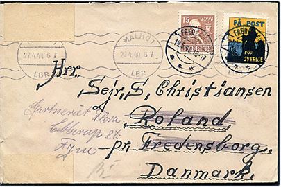 15 öre Linné og På Post för Sverige mærkat på brev fra Malmö d. 27.4.1940 til Roland pr. Fredensborg, Danmark - eftersendt til Ebberup. Åbnet af tysk censur i Hamburg.