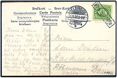 5 öre Oscar II på brevkort annulleret med skibsstempel Fra Sverige og sidestemplet Helsingør d. 24.8.1908 til København.