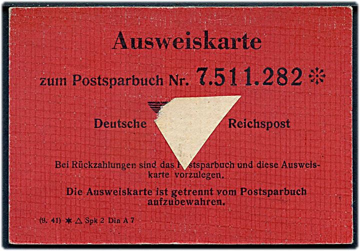 Deutsche Reichpost Postsparbuch no. 7.511.282 med Ausweiskarte udstedt i Brieg 1943 og benyttet i perioden efter krigen med overklæbet Rigsørn. 