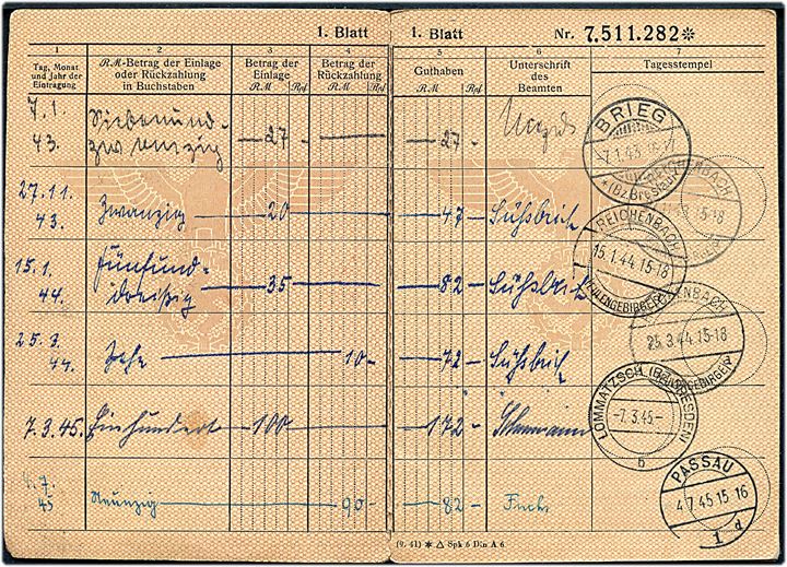 Deutsche Reichpost Postsparbuch no. 7.511.282 med Ausweiskarte udstedt i Brieg 1943 og benyttet i perioden efter krigen med overklæbet Rigsørn. 