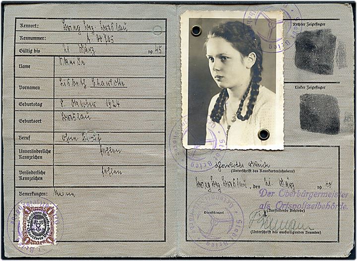 Deutsches Reich Kennkarte med foto af ung pige og 1 mk. stempelmærke udstedt i Brieg d. 21.3.1940.